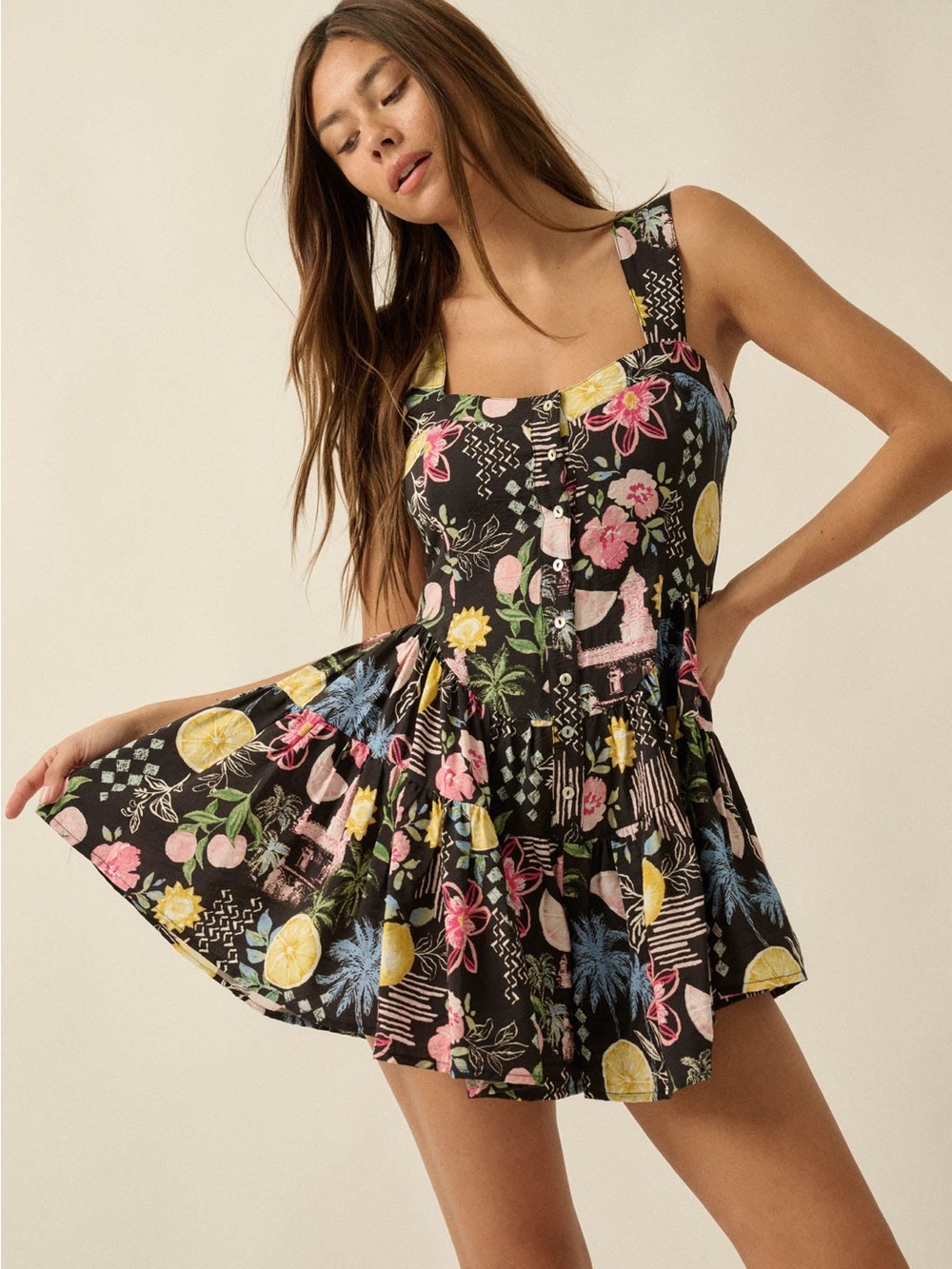 Promesa Party Pop Fruit & Floral-Print Tiered Ruffle Romper, Medium